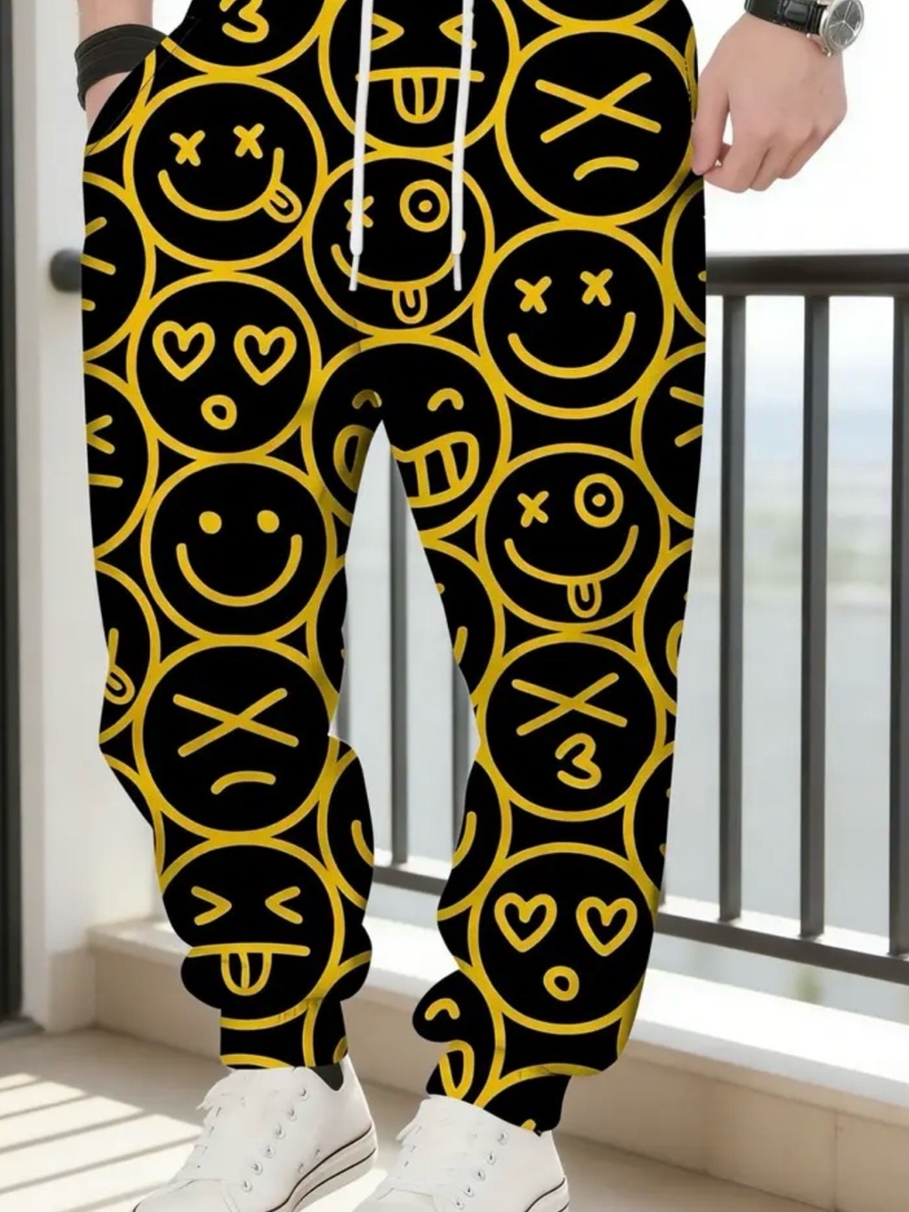 Pants Emoji Print Joggers Black & Yellow